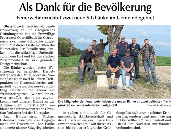 Zeitungsbericht Bänke in Obersüßbach